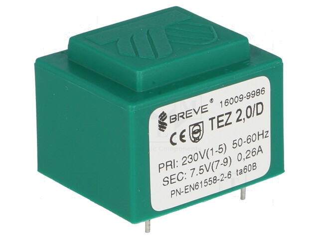 Transformator: ingegoten; 2VA; 230VAC; 7,5V; 266,6mA; PCB; IP00 Transformator: ingegoten; 2VA; 230VAC; 7,5V; 266,6mA; PCB; IP00